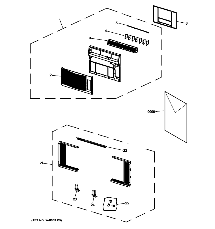 FRONT PANEL, FILTER & FRAME Diagram and Parts List for AKQ08ANQ1  General Electric Air Conditioner
