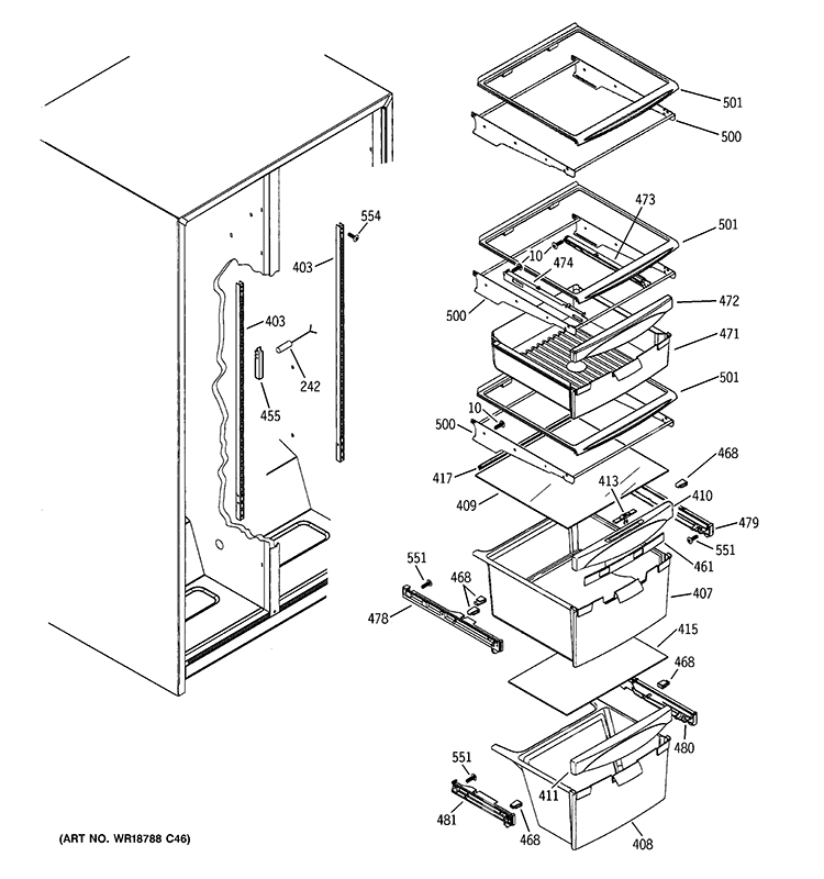 FRESH FOOD SHELVES Diagram and Parts List for GSE22KEBBFBB  General Electric Refrigerator