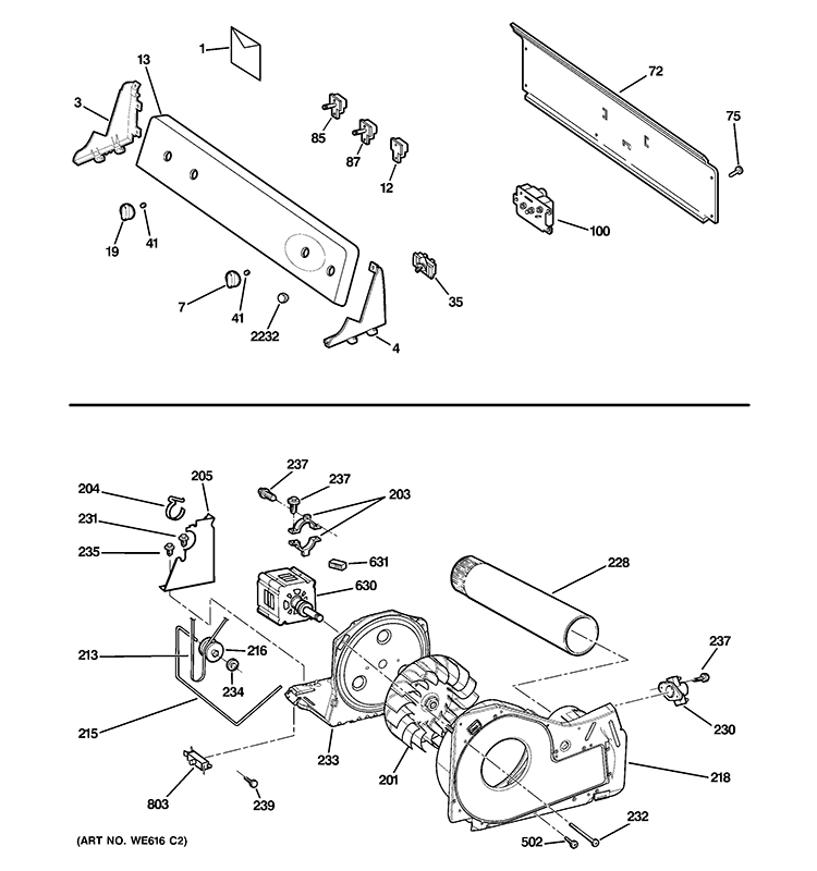 BACKSPLASH, BLOWER & MOTOR ASSEMBLY Diagram and Parts List for GTDP300GM1WS  General Electric Dryer