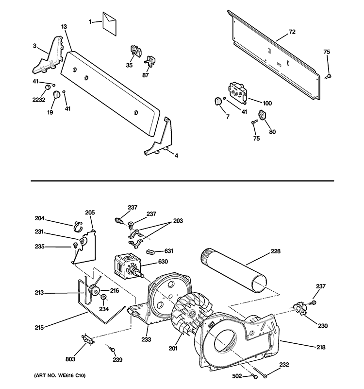 BACKSPLASH, BLOWER & MOTOR ASSEMBLY Diagram and Parts List for GTDX100EM1WW  General Electric Dryer