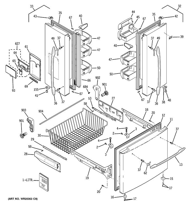DOORS Diagram and Parts List for PFSF2MJYFBB  General Electric Refrigerator