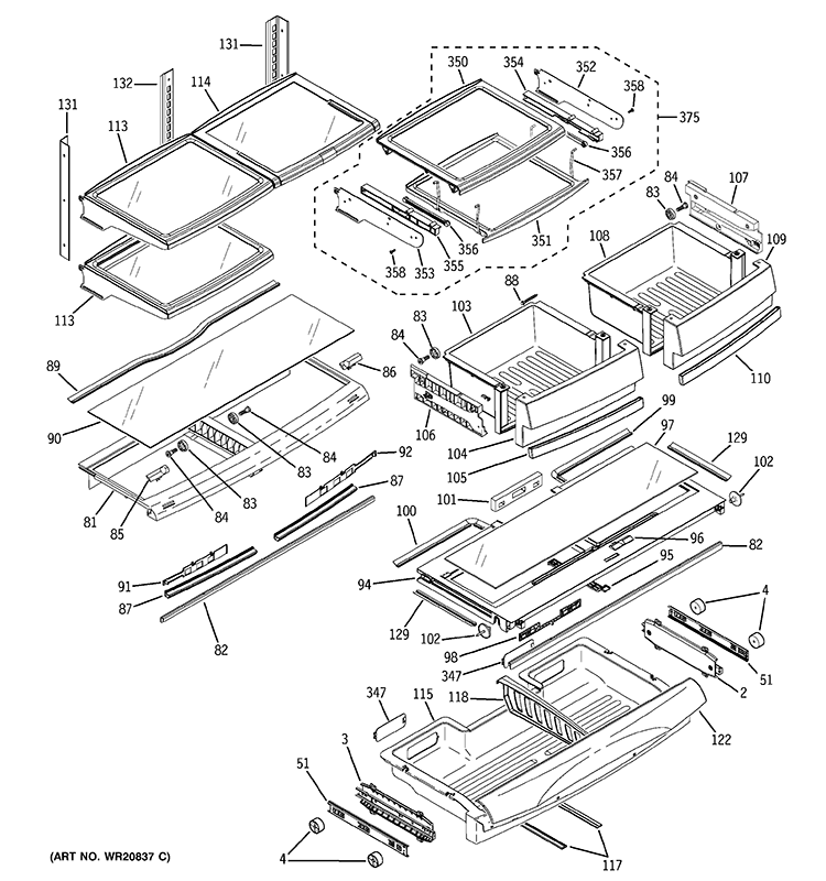 FRESH FOOD SHELVES Diagram and Parts List for PFCS1RKZASS  General Electric Refrigerator