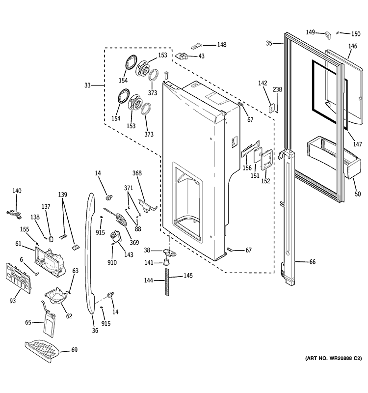 DISPENSER DOOR Diagram and Parts List for PGCS1RKZASS  General Electric Refrigerator