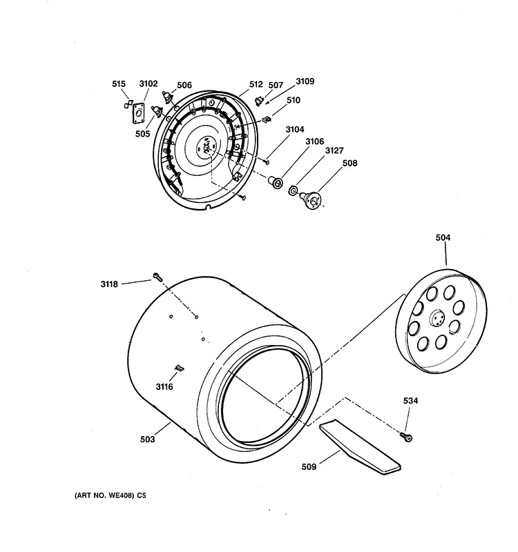 DRUM Diagram and Parts List for DISR473CG7WW  General Electric Dryer
