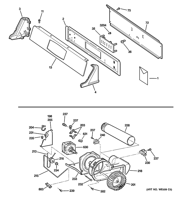 BACKSPLASH, BLOWER & MOTOR ASSEMBLY Diagram and Parts List for DNCD450EG7WC  General Electric Dryer