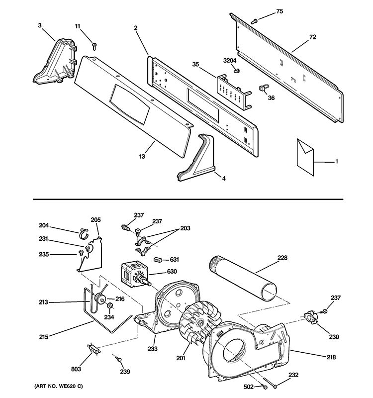 BACKSPLASH, BLOWER & MOTOR ASSEMBLY Diagram and Parts List for DNCD450GG9WC  General Electric Dryer