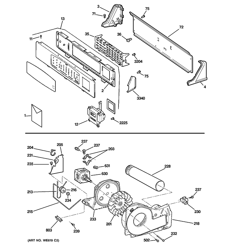 BACKSPLASH, BLOWER & MOTOR ASSEMBLY Diagram and Parts List for DNCK440EG8WC  General Electric Dryer