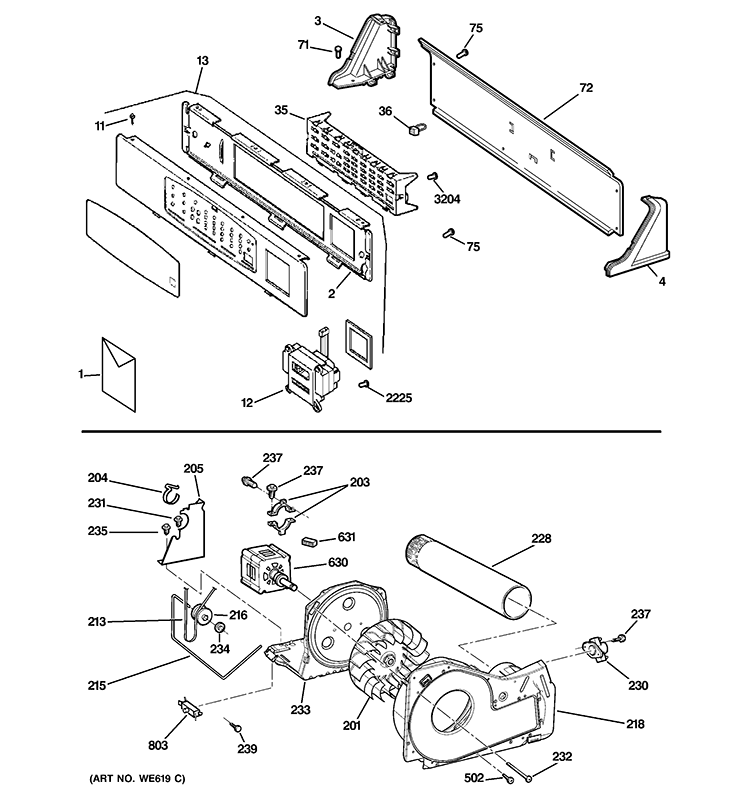BACKSPLASH, BLOWER & MOTOR ASSEMBLY Diagram and Parts List for DNCK440GG9WC  General Electric Dryer
