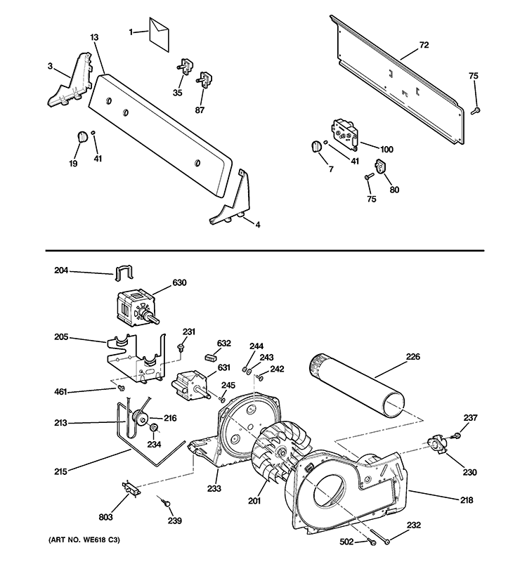 BACKSPLASH, BLOWER & MOTOR ASSEMBLY Diagram and Parts List for GTDL200EM1WW  General Electric Dryer