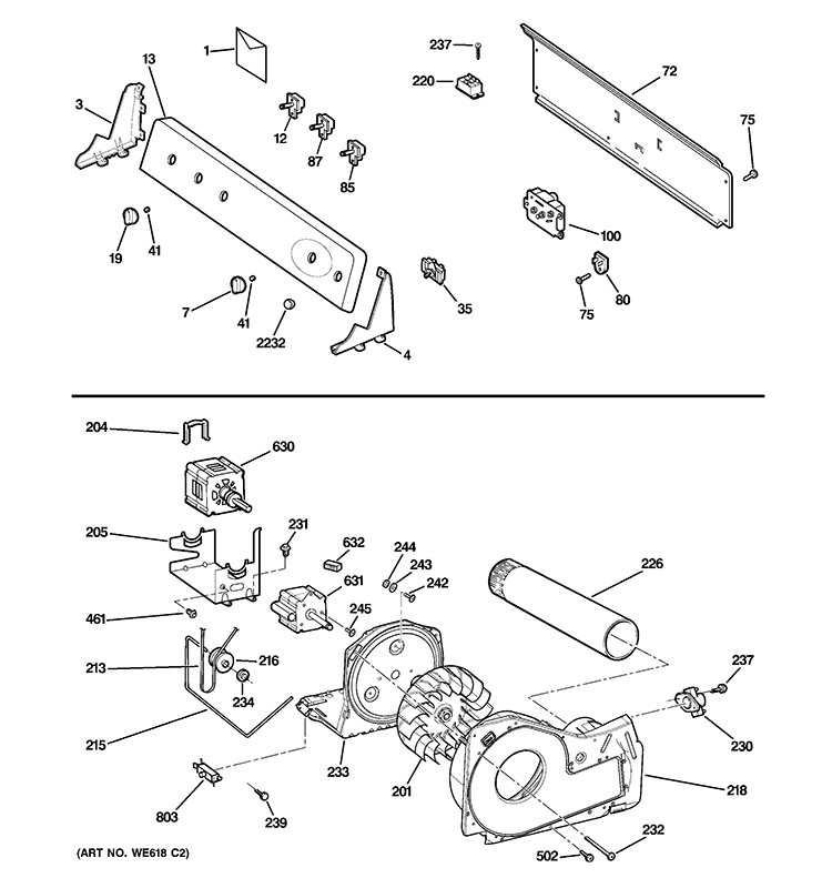BACKSPLASH, BLOWER & MOTOR ASSEMBLY Diagram and Parts List for GTDL310EM1WS  General Electric Dryer