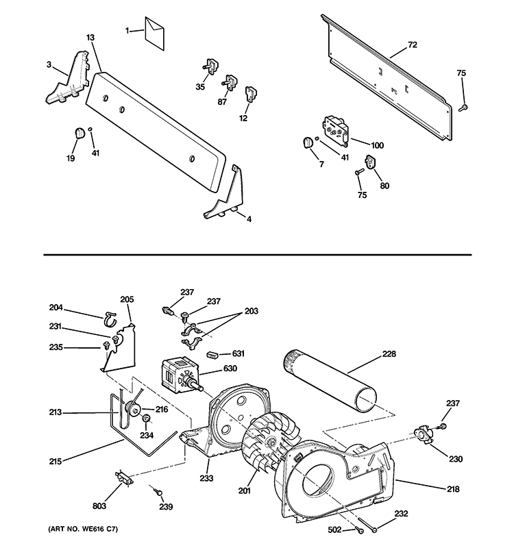 BACKSPLASH, BLOWER & MOTOR ASSEMBLY Diagram and Parts List for GTDX200EM1WW  General Electric Dryer