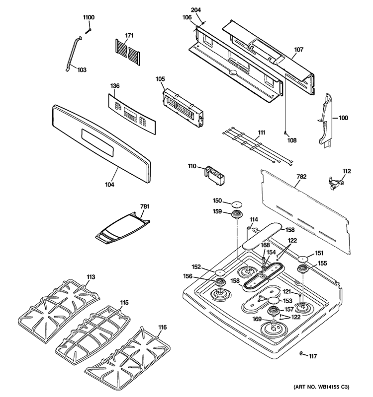 CONTROL PANEL & COOKTOP Diagram and Parts List for P2B930SET1SS  General Electric Range