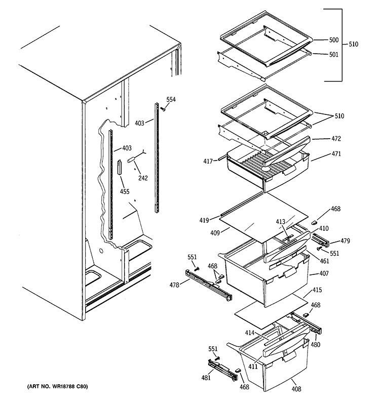 FRESH FOOD SHELVES Diagram and Parts List for GSQ25JSBBSS  General Electric Refrigerator