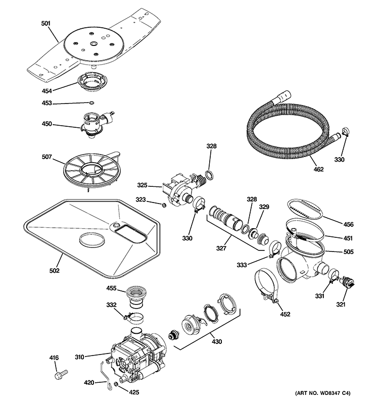 MOTOR-PUMP MECHANISM Diagram and Parts List for GDWF160V00SS  General Electric Dishwasher