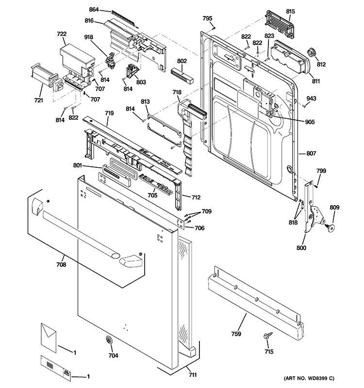 ESCUTCHEON & DOOR ASSEMBLY Diagram and Parts List for CDWT280V00SS  General Electric Dishwasher
