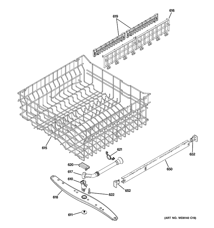UPPER RACK ASSEMBLY Diagram and Parts List for CDWT280V00SS  General Electric Dishwasher