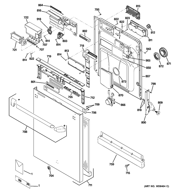 ESCUTCHEON & DOOR ASSEMBLY Diagram and Parts List for CDWT980V00SS  General Electric Dishwasher