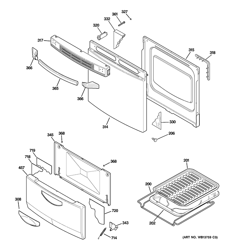 DOOR & DRAWER PARTS Diagram and Parts List for RGA720PK3WH  Hotpoint Range
