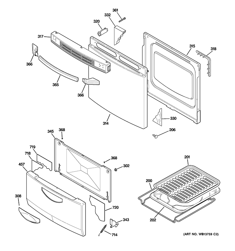 DOOR & DRAWER PARTS Diagram and Parts List for RGA724EK4WH  Hotpoint Range