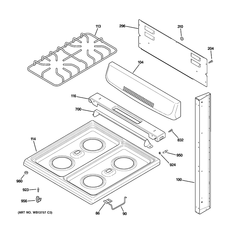 CONTROL PANEL & COOKTOP Diagram and Parts List for RGA724PK3WH  Hotpoint Range