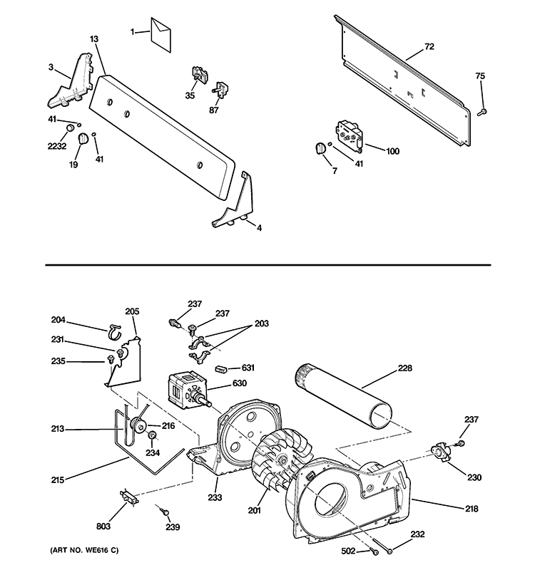 BACKSPLASH, BLOWER & MOTOR ASSEMBLY Diagram and Parts List for HTDX100GM1WW  Hotpoint Dryer