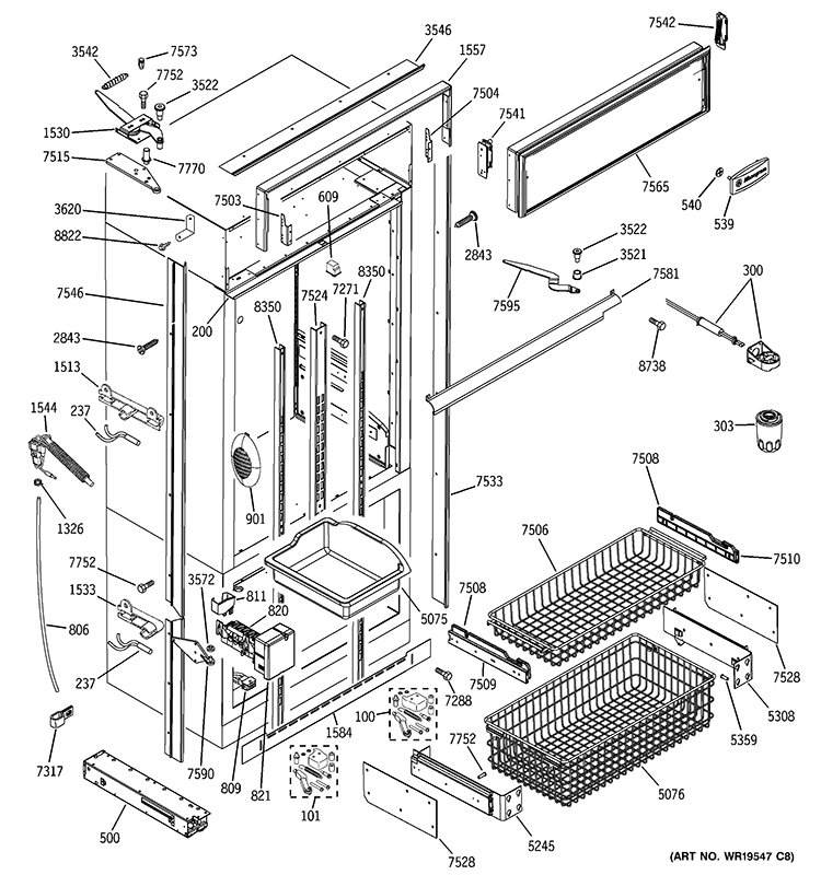 FREEZER SECTION, TRIM & COMPONENTS Diagram and Parts List for ZICS360NRJLH  General Electric Refrigerator
