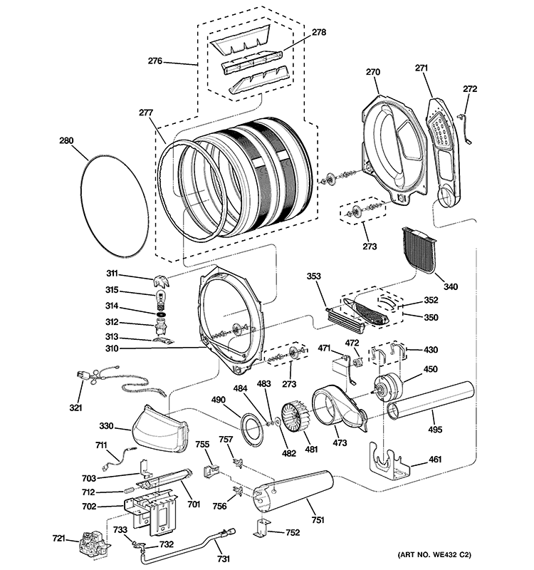 DRUM, BLOWER & MOTOR Diagram and Parts List for DPGT750GC0WW  General Electric Dryer
