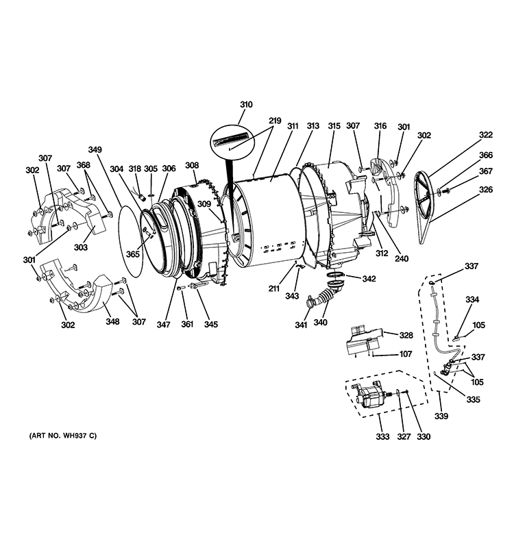 TUB & MOTOR Diagram and Parts List for PFWS4605L0MV  General Electric Washer