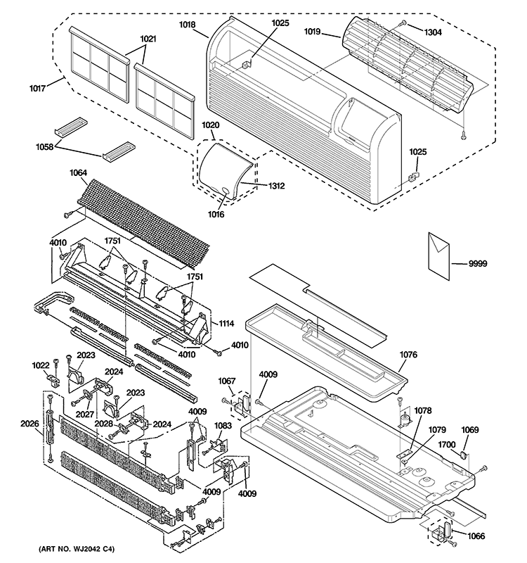 GRILLE, HEATER & BASE PAN PARTS Diagram and Parts List for AZ41E09DABW4  General Electric Air Conditioner