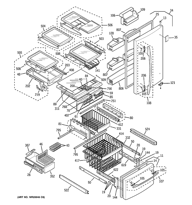 DOORS & SHELVES Diagram and Parts List for PDS20SBSBRSS  General Electric Refrigerator