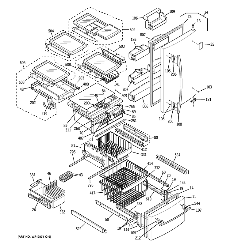 DOORS & SHELVES Diagram and Parts List for PDS22MBSBCC  General Electric Refrigerator