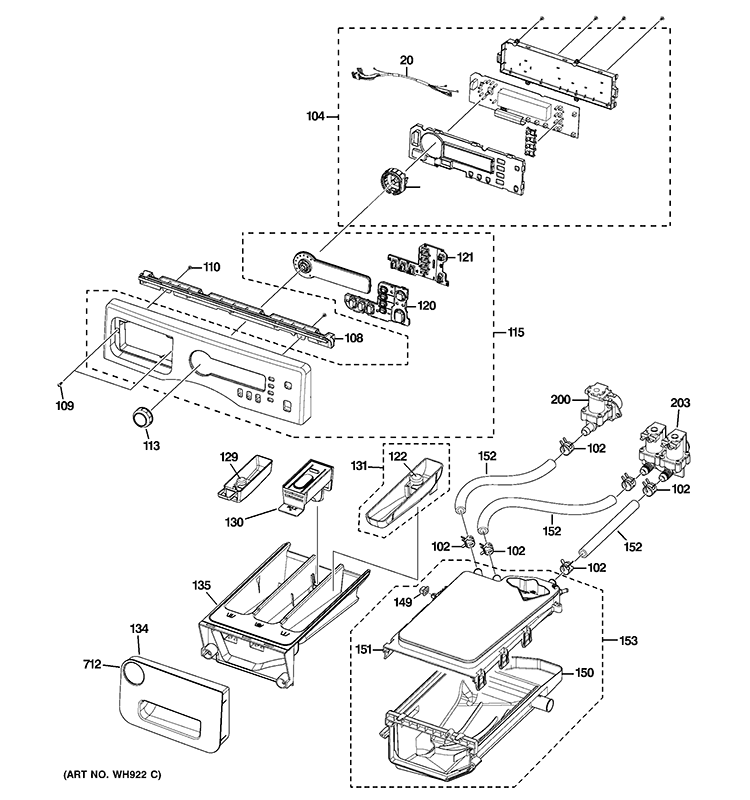 CONTROLS & DISPENSER Diagram and Parts List for WCVH4800K1WW  General Electric Washer