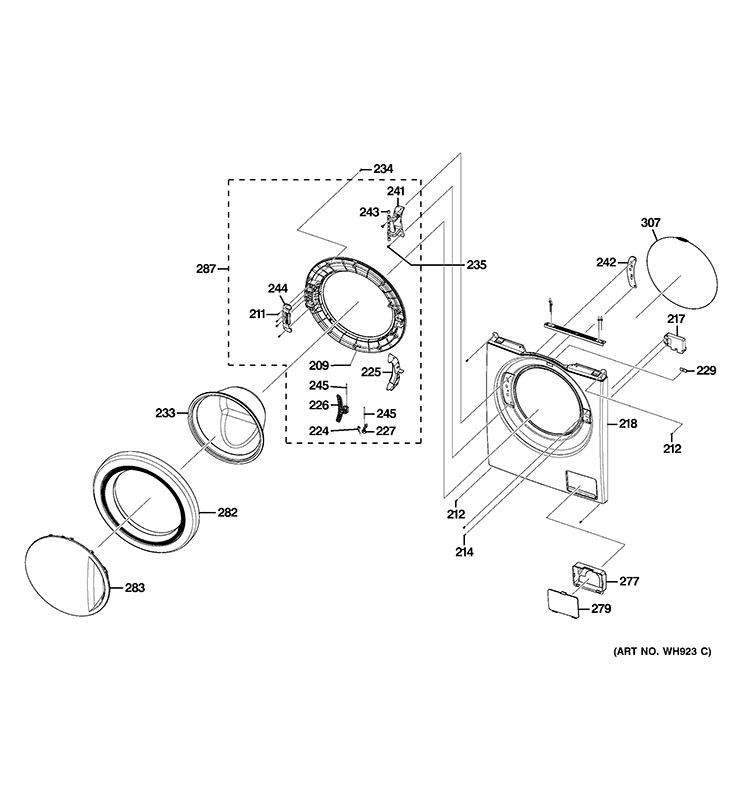 FRONT PANEL & DOOR Diagram and Parts List for WCVH4800K1WW  General Electric Washer