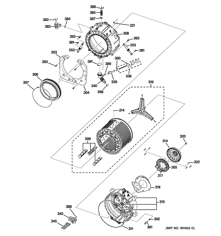 TUB & MOTOR Diagram and Parts List for WCVH4800K1WW  General Electric Washer