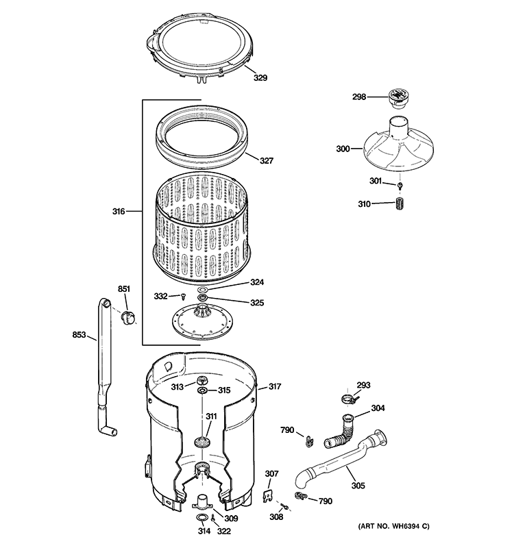 TUB, BASKET & AGITATOR Diagram and Parts List for GRWN5150M1WS  General Electric Washer