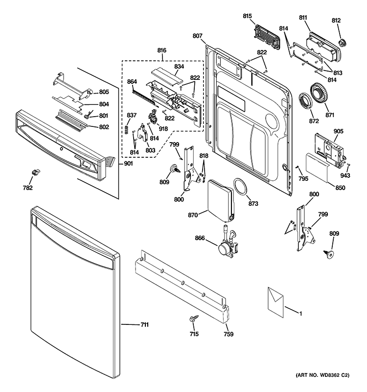 ESCUTCHEON & DOOR ASSEMBLY Diagram and Parts List for PDWF680R30SS  General Electric Dishwasher