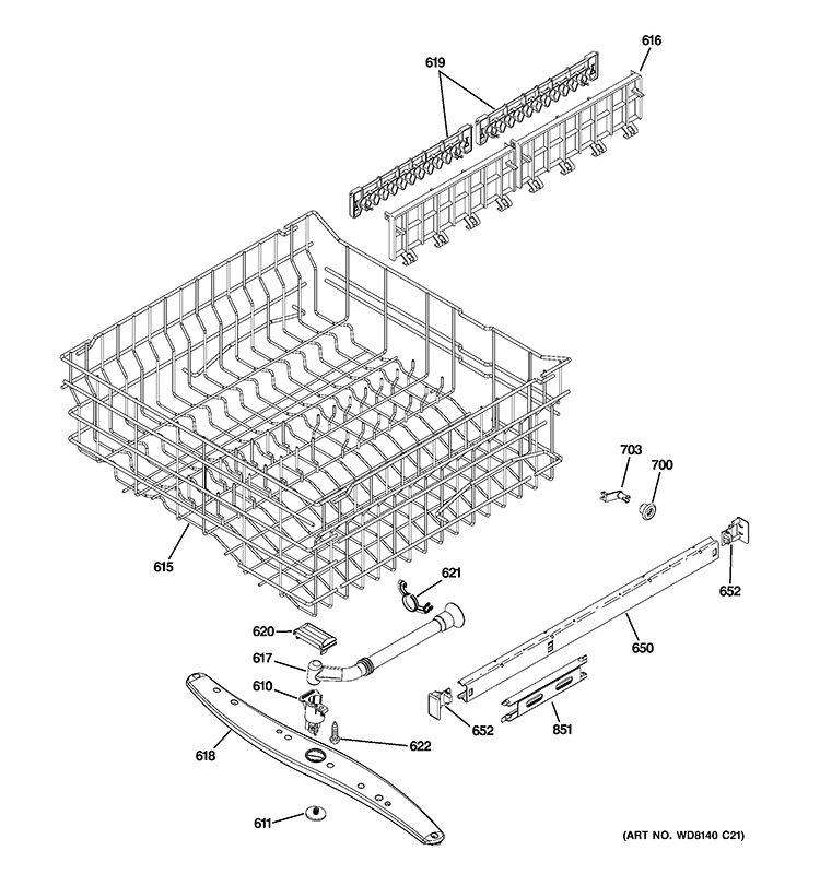 UPPER RACK ASSEMBLY Diagram and Parts List for PDWF680R30SS  General Electric Dishwasher