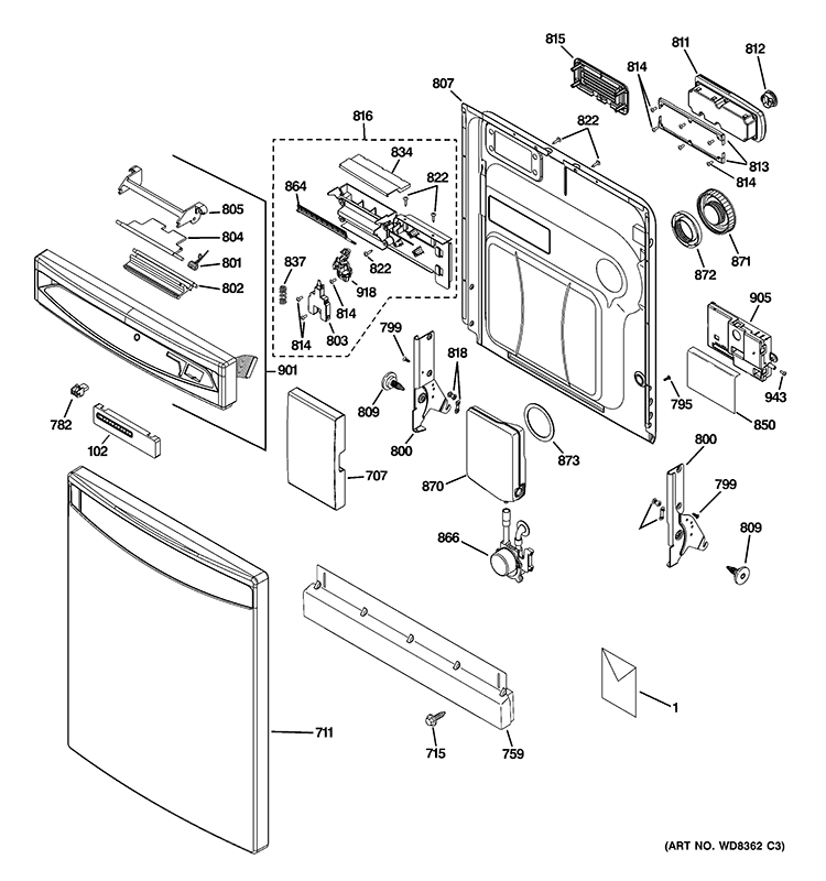 ESCUTCHEON & DOOR ASSEMBLY Diagram and Parts List for PDWF600R30WW  General Electric Dishwasher
