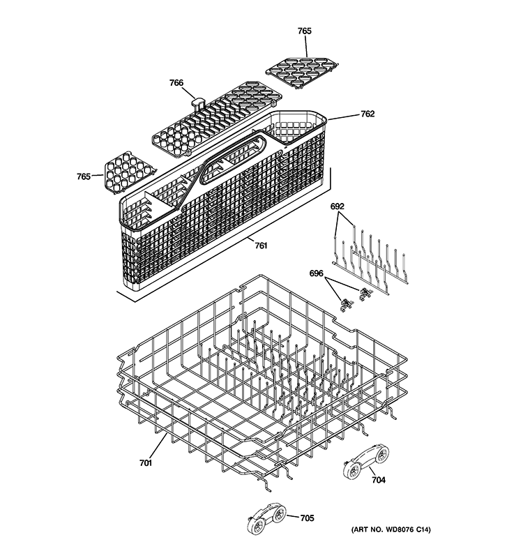 LOWER RACK ASSEMBLY Diagram and Parts List for PDWF600R30WW  General Electric Dishwasher