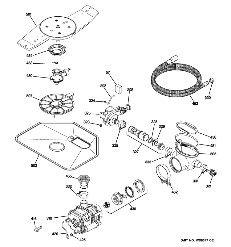 MOTOR-PUMP MECHANISM Diagram and Parts List for PDWF600R30WW  General Electric Dishwasher