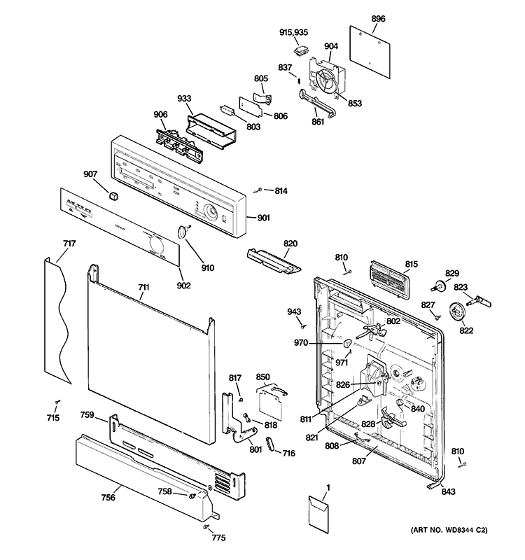 ESCUTCHEON & DOOR ASSEMBLY Diagram and Parts List for HDA3640D00SA  Hotpoint Dishwasher