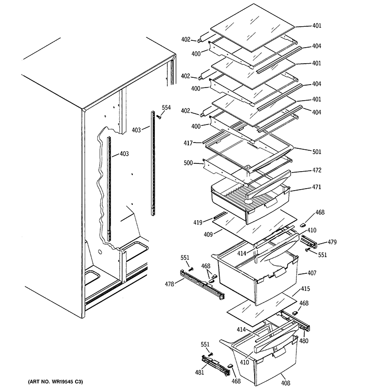 FRESH FOOD SHELVES Diagram and Parts List for GSH25GGCEBB  General Electric Refrigerator