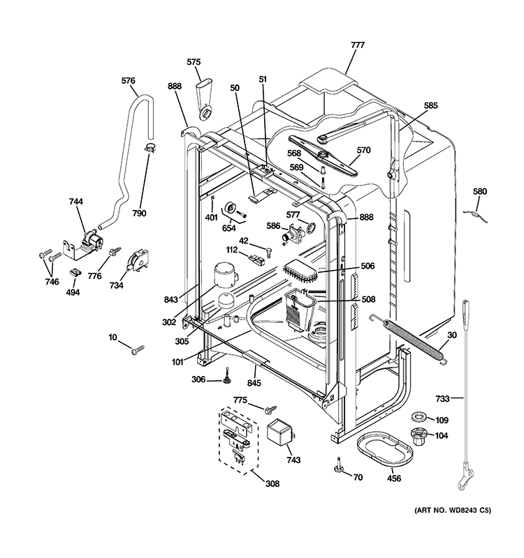 BODY PARTS Diagram and Parts List for GLD4968V00SS  General Electric Dishwasher