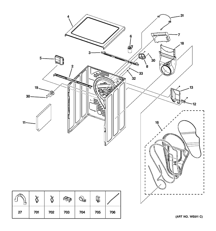 CABINET & TOP PANEL Diagram and Parts List for DCCH480EK0WW  General Electric Dryer