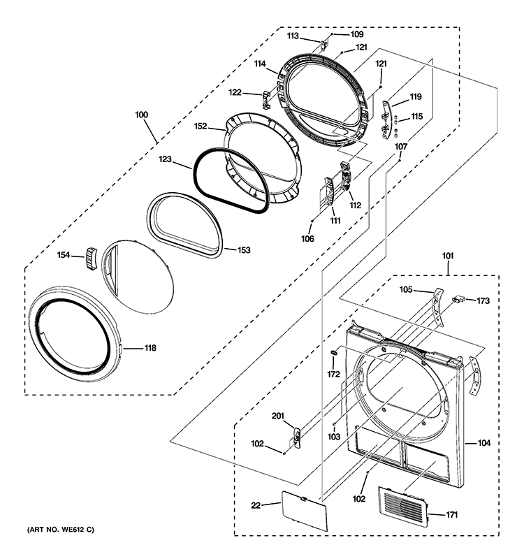 FRONT PANEL & DOOR Diagram and Parts List for DCCH480EK0WW  General Electric Dryer