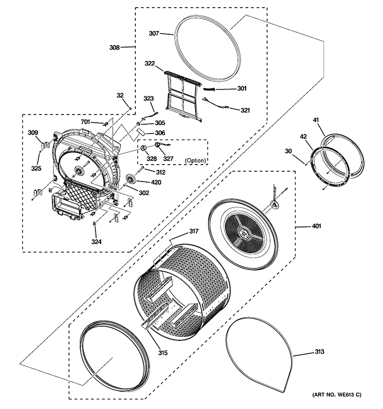DRUM Diagram and Parts List for DCCH480EK0WW  General Electric Dryer