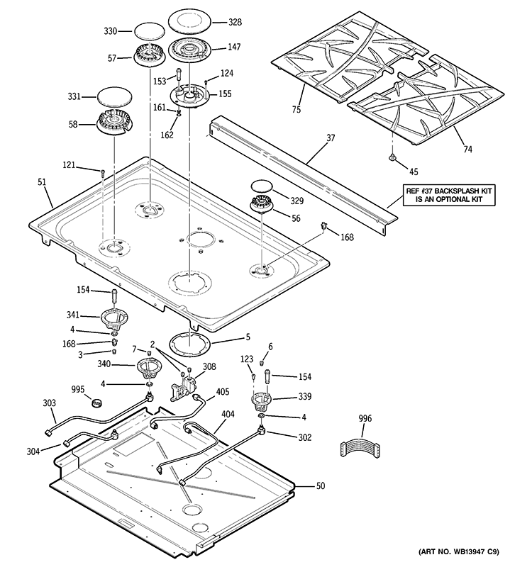 COOKTOP Diagram and Parts List for P2S975DEP3BB  General Electric Range