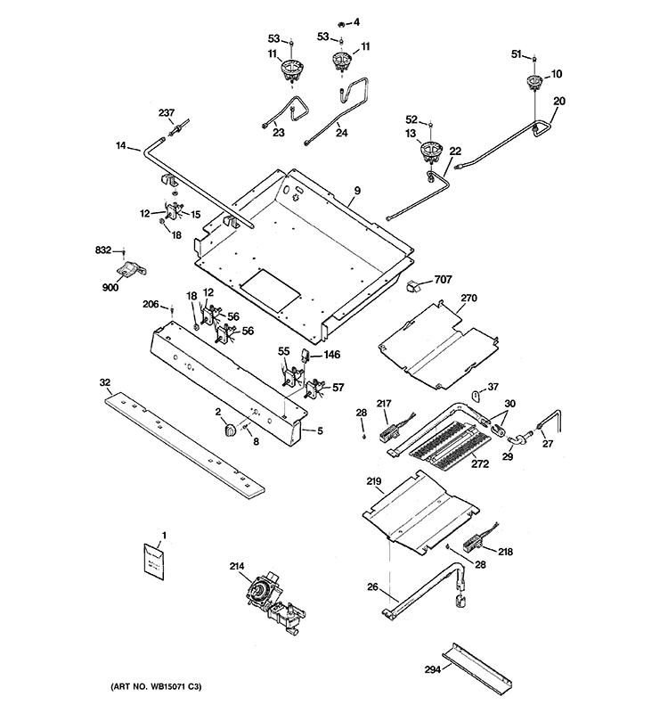 GAS & BURNER PARTS Diagram and Parts List for JGB250GET2SA  General Electric Range