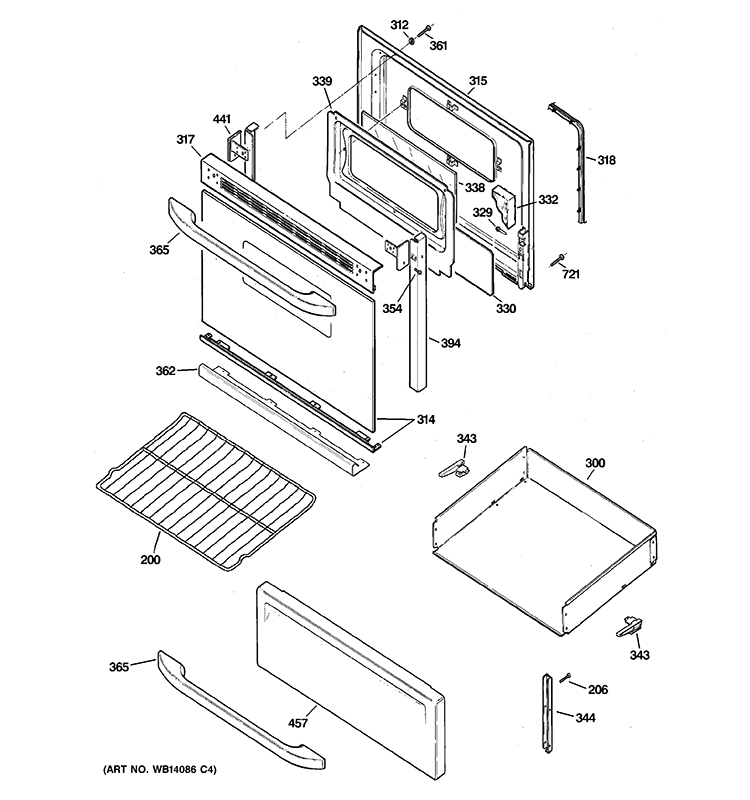DOOR & DRAWER PARTS Diagram and Parts List for JBS27SIM1SS  General Electric Range