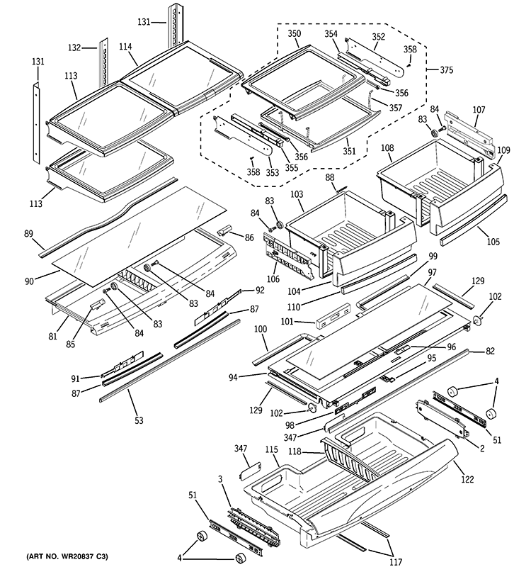 FRESH FOOD SHELVES Diagram and Parts List for PFQS5RKBCSS  General Electric Refrigerator